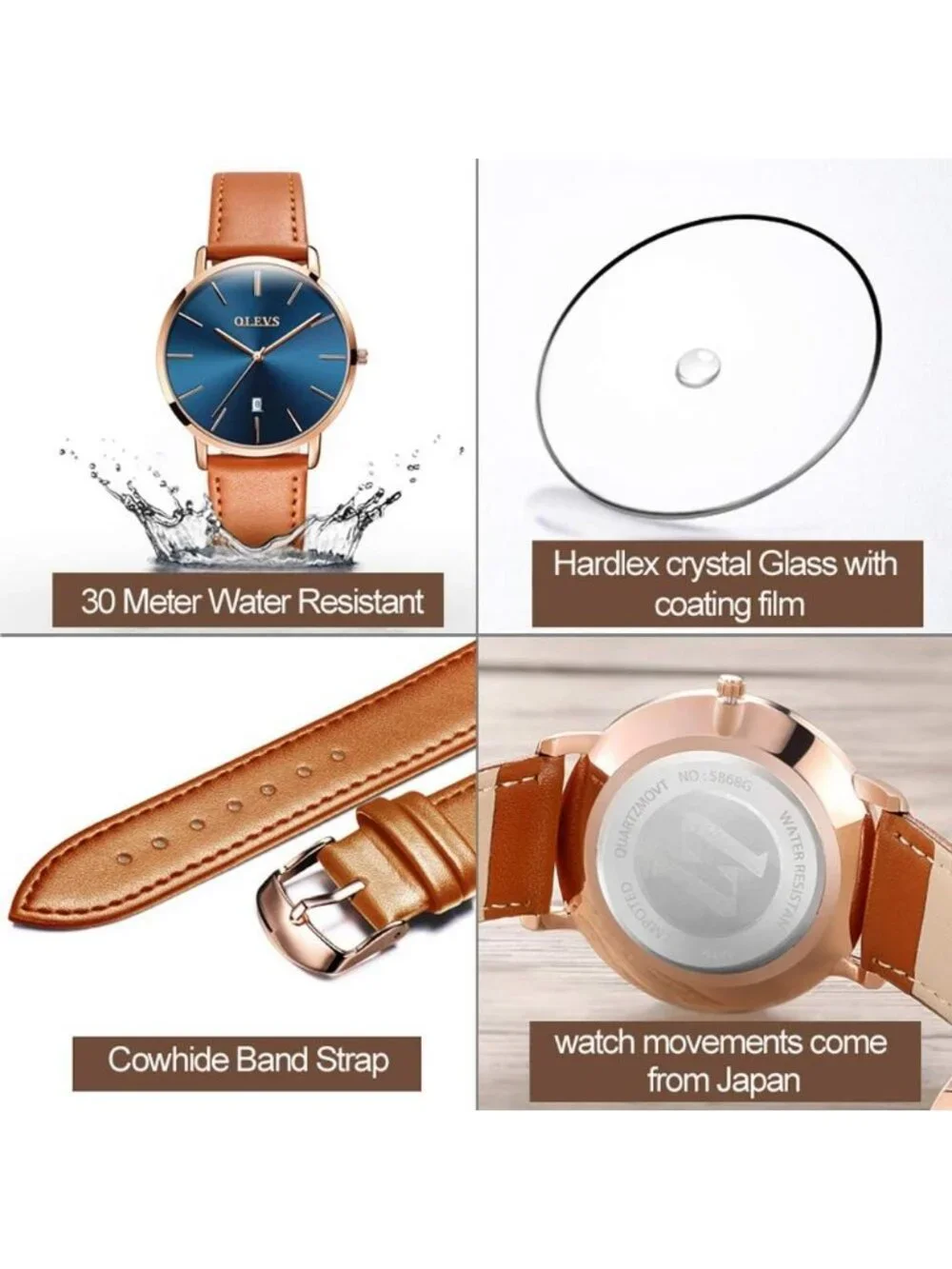 Women's Navy Blue dial & Rose Gold Bezel & Brown Band Classic Dress Wrist Watch